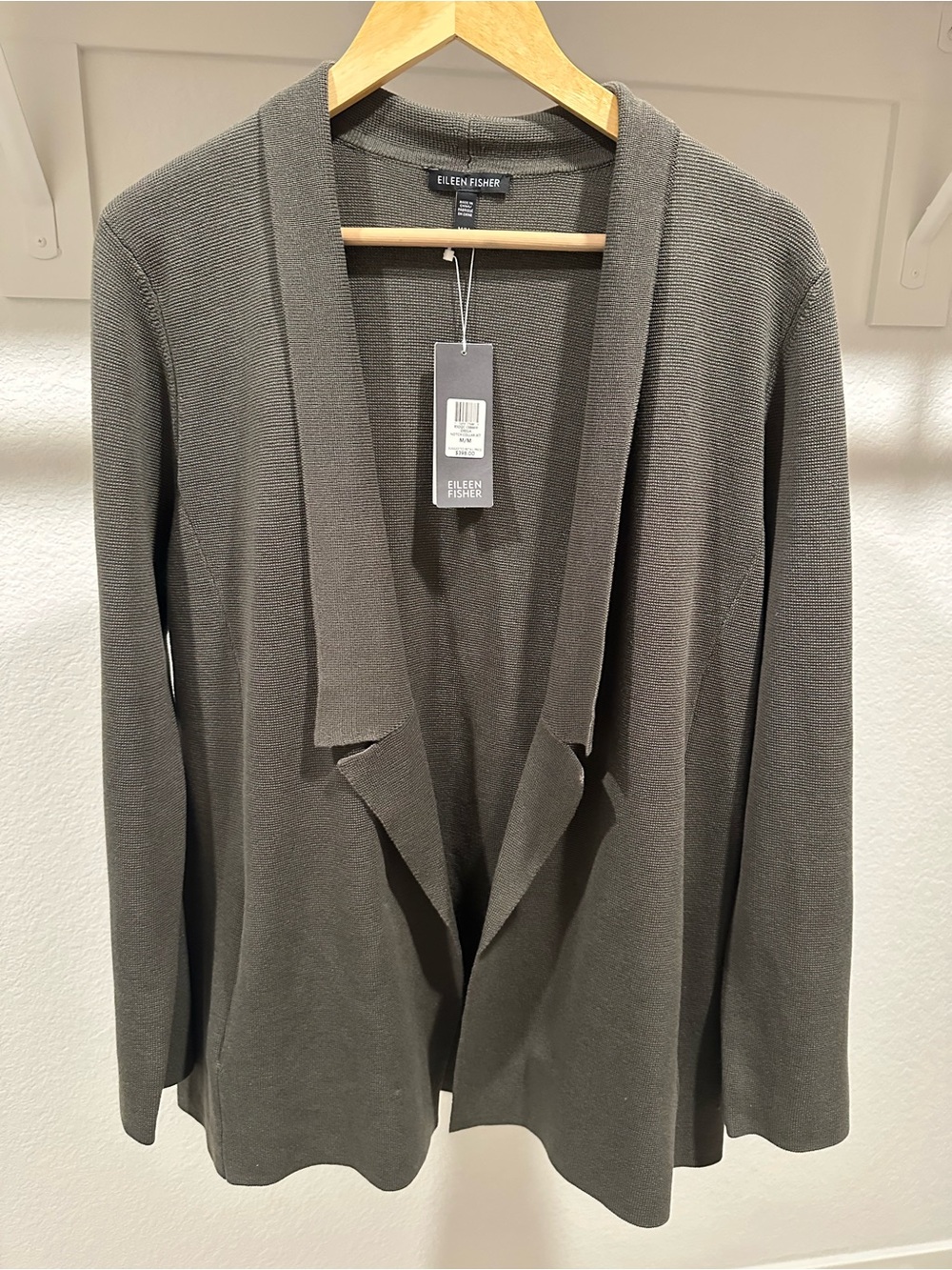 Eileen Fisher Olive Open-Front Shawl Collar Cardigan